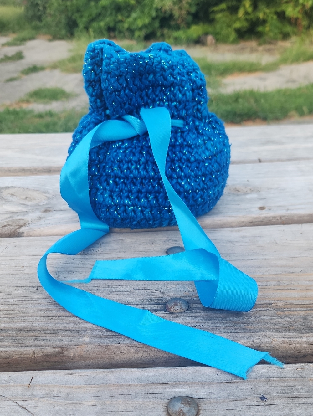 Handmade Sparkle Crochet Drawstring Pouch in Bright Blue